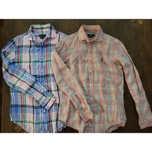 Polo Ralph Lauren Linen Shirt Lot of 2 Mens Small Plaid Classic Fit Button Up